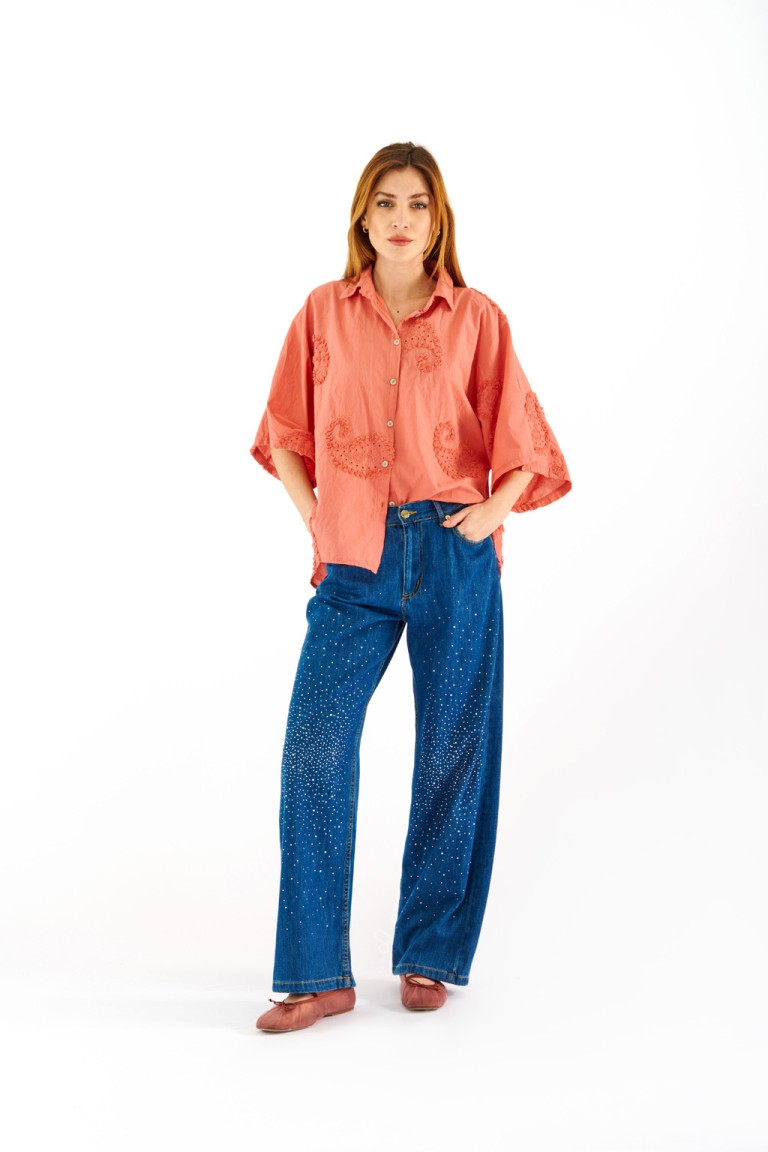 Jeans wide leg con strass