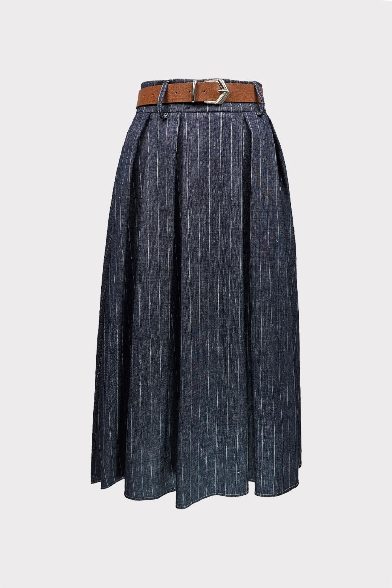 Gonna jeans gessato con pieghe